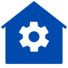 Logo bleu d'une maison avec un engrenage